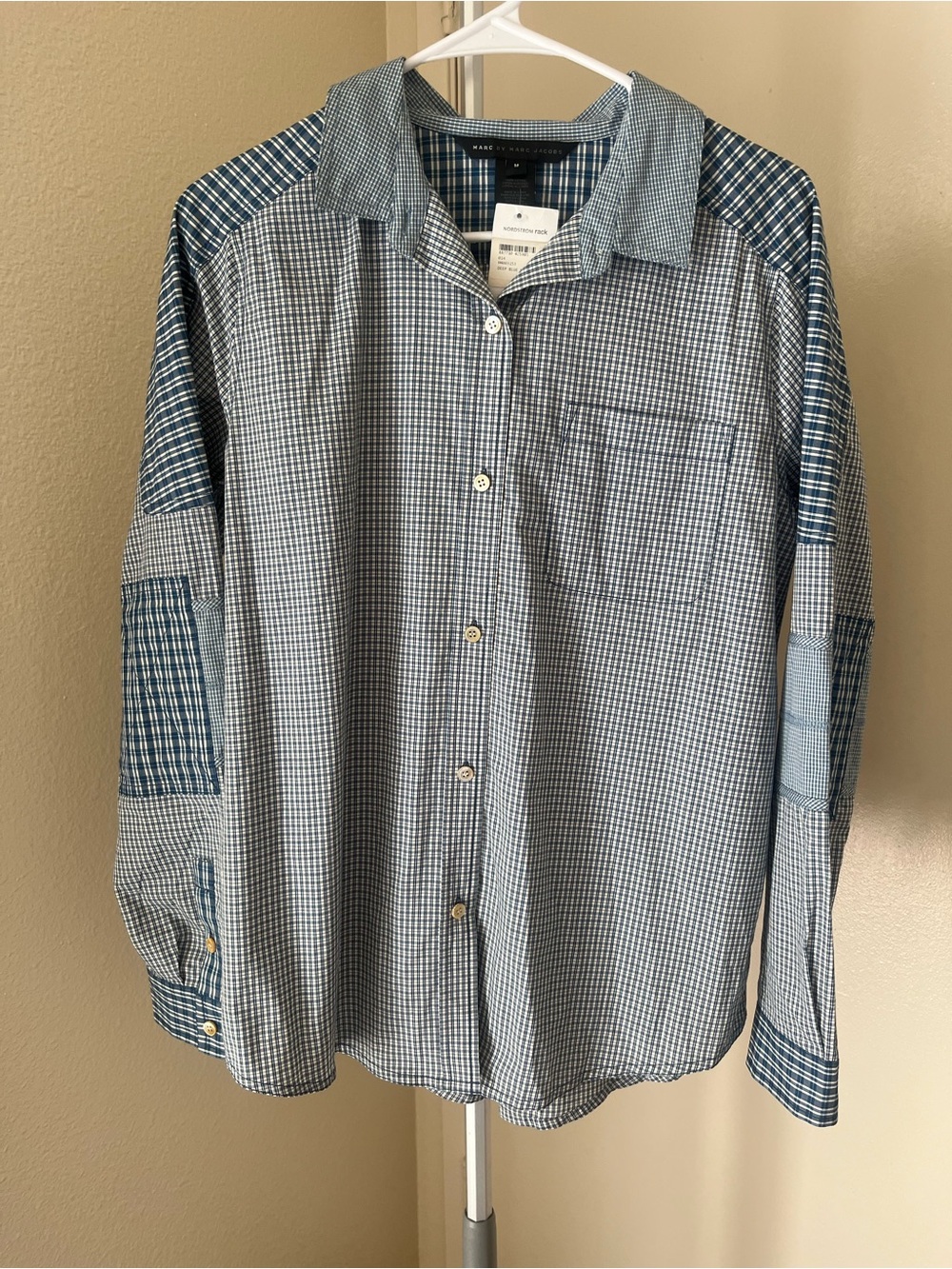 Marc by Marc Jacobs Blue Checkered Patchwork Long Sleeve Shirt Size M *READ* - Picture 1 of 14